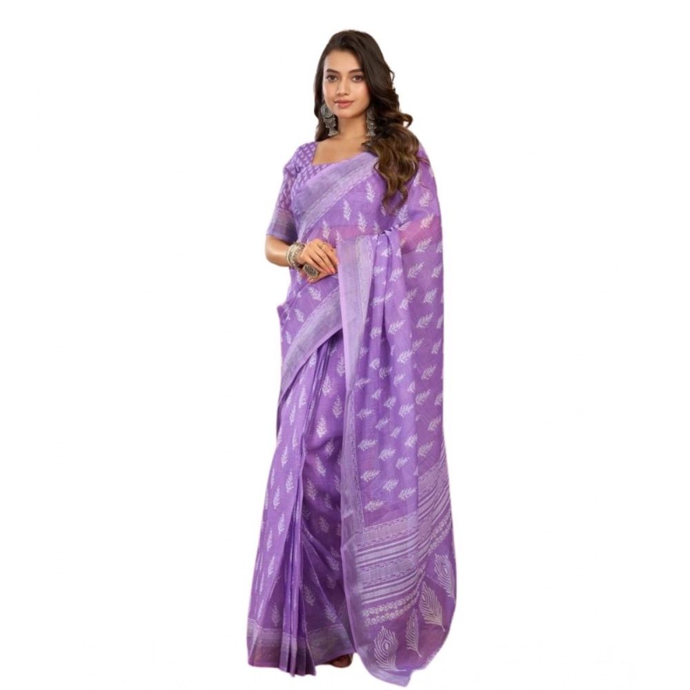 Generic Women's Faux Linen Floral Ready to wear Saree With Unstitched Blouse 5.5Mtr (Lavender) - Image 5