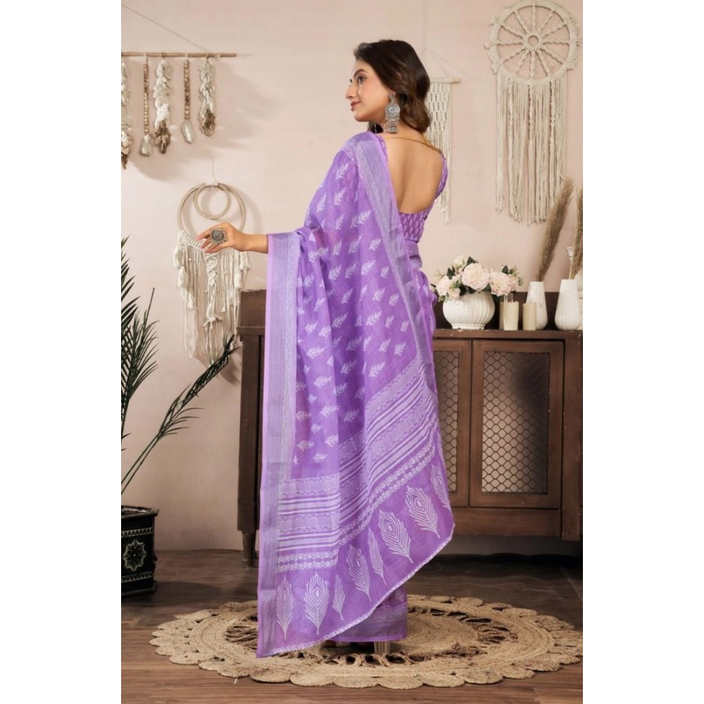 Generic Women's Faux Linen Floral Ready to wear Saree With Unstitched Blouse 5.5Mtr (Lavender) - Image 4
