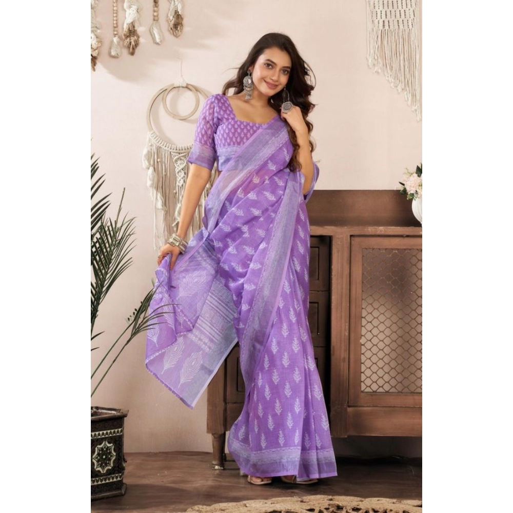 Generic Women's Faux Linen Floral Ready to wear Saree With Unstitched Blouse 5.5Mtr (Lavender) - Image 3