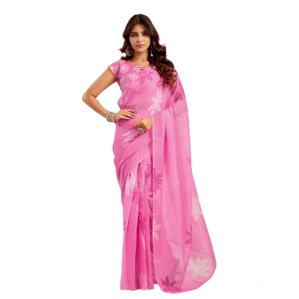 Generic Women's Faux Linen Floral Ready to wear Saree With Unstitched Blouse 5.5Mtr (Light_Pink) - Image 5