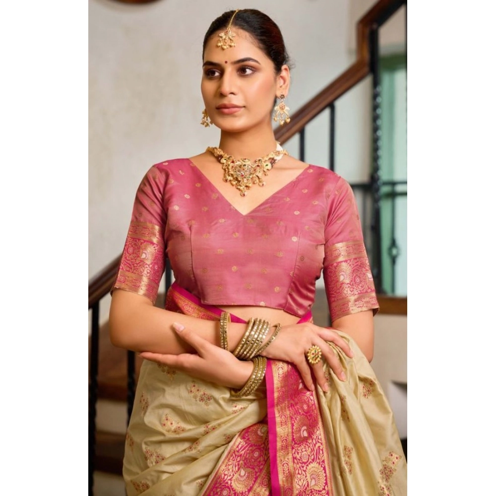 Generic Women’s Silk Blend Booti Work Ready to wear Saree With Unstitched Blouse 5.5Mtr (LightBeige)