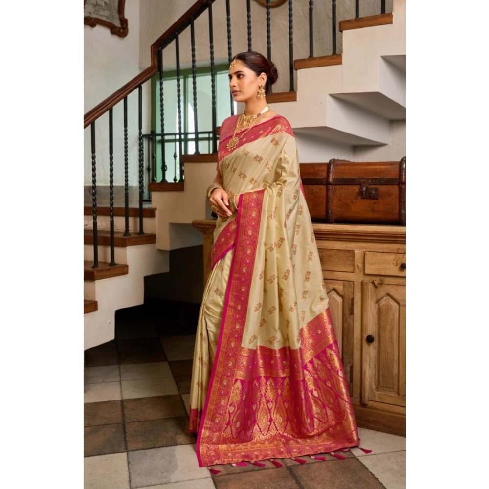 Generic Women's Silk Blend Booti Work Ready to wear Saree With Unstitched Blouse 5.5Mtr (LightBeige) - Image 3