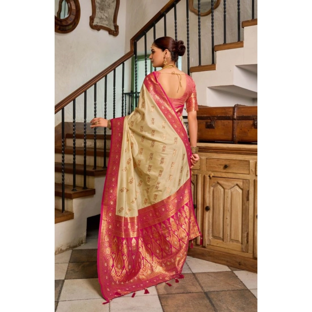 Generic Women's Silk Blend Booti Work Ready to wear Saree With Unstitched Blouse 5.5Mtr (LightBeige) - Image 4