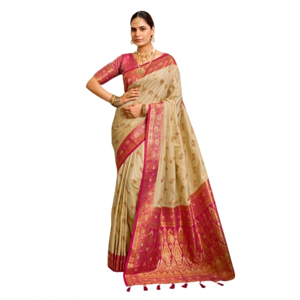 Generic Women's Silk Blend Booti Work Ready to wear Saree With Unstitched Blouse 5.5Mtr (LightBeige) - Image 5