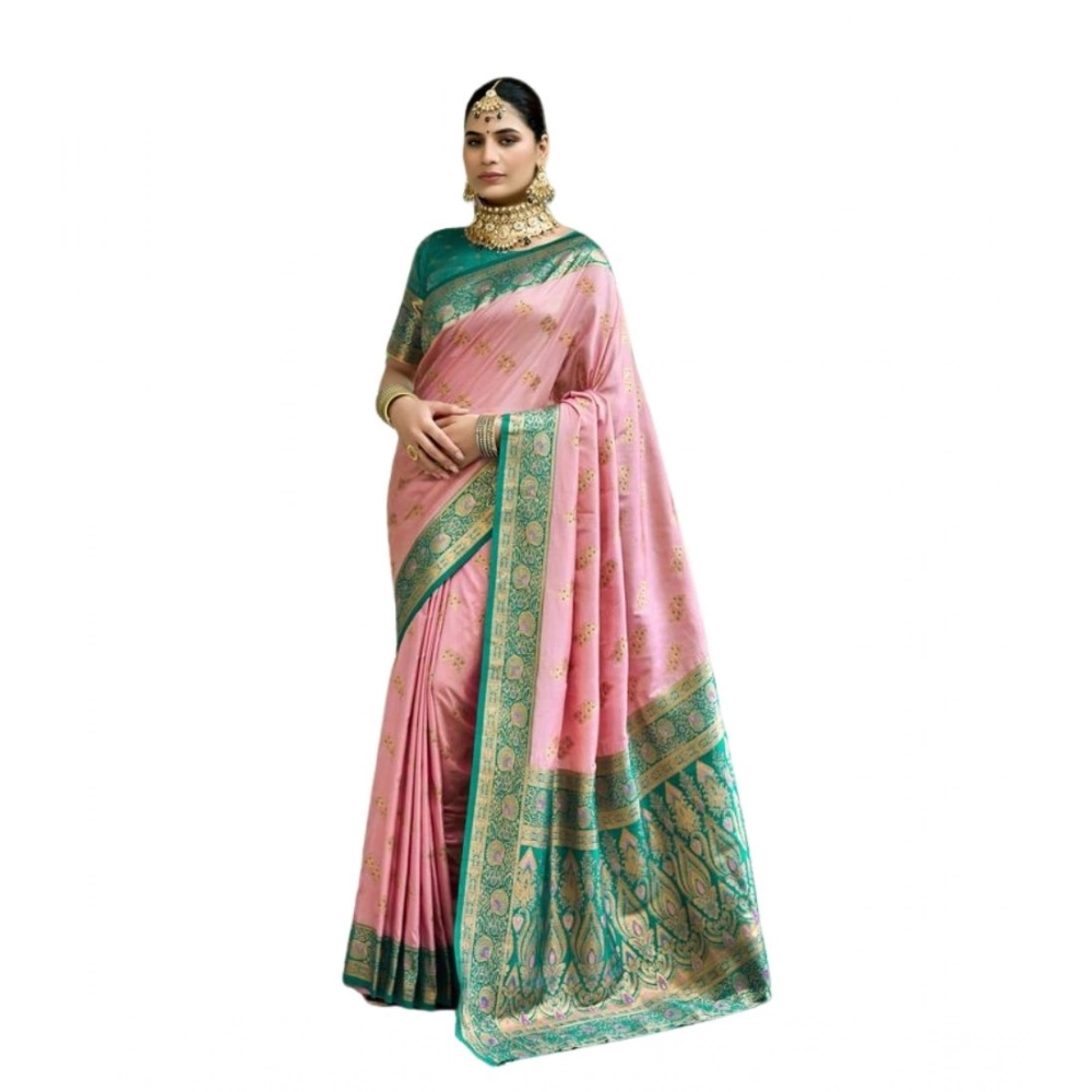 Generic Women's Silk Blend Booti Work Ready to wear Saree With Unstitched Blouse 5.5Mtr (Peach) - Image 5