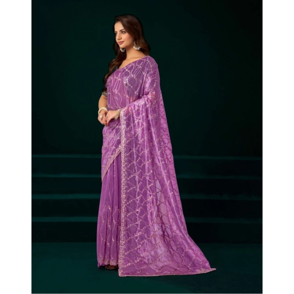 Generic Women's Net Sequence Saree With Unstitched Blouse 5.5Mtr (Lavender) - Image 3