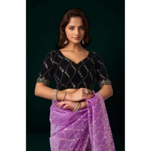 Generic Women's Net Sequence Saree With Unstitched Blouse 5.5Mtr (Lavender)