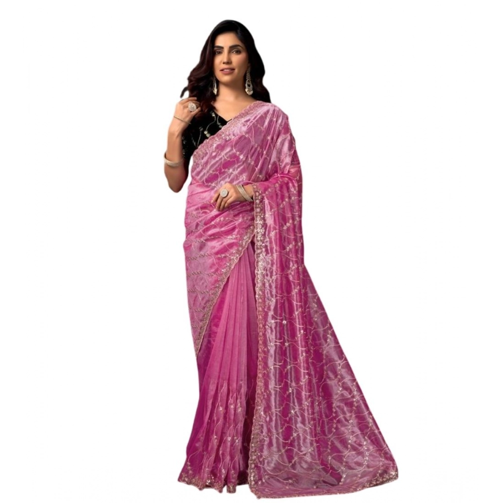 Generic Women's Net Sequence Saree With Unstitched Blouse 5.5Mtr (Light Pink) - Image 5