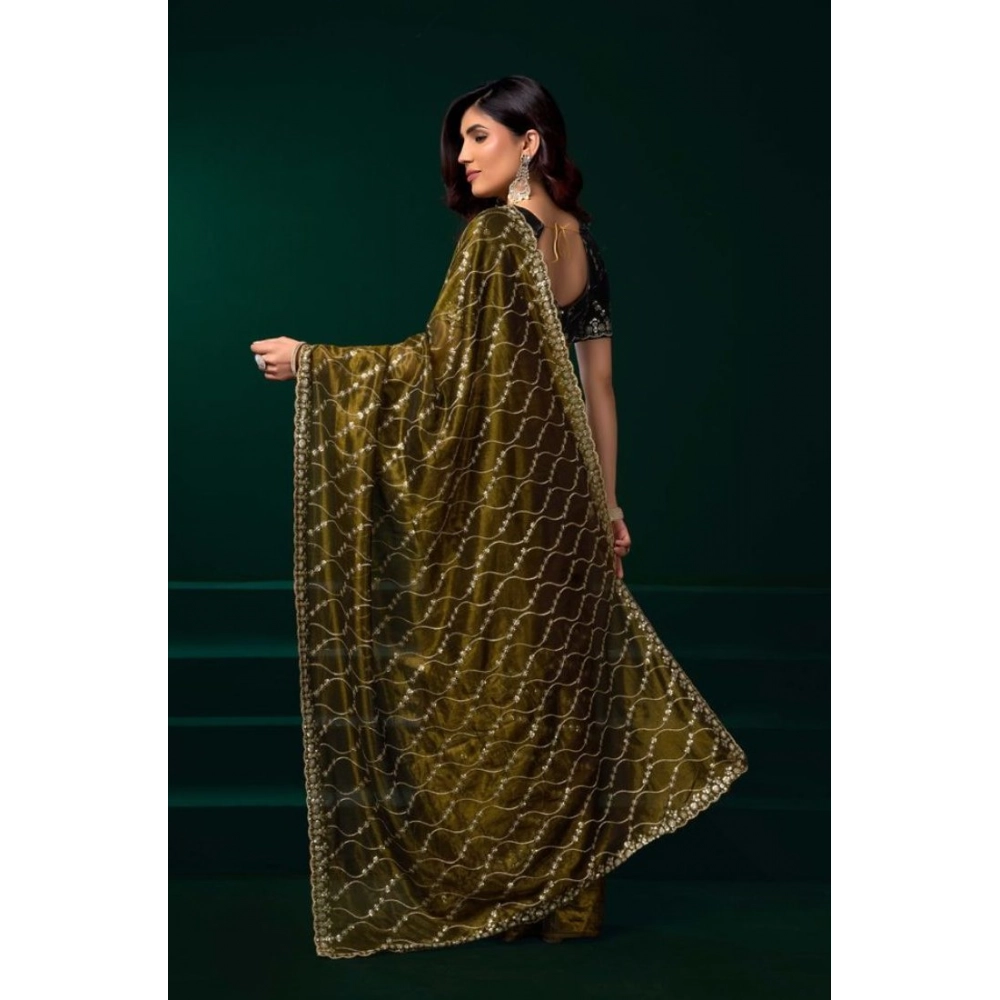 Generic Women's Net Sequence Saree With Unstitched Blouse 5.5Mtr (Mahendi) - Image 4