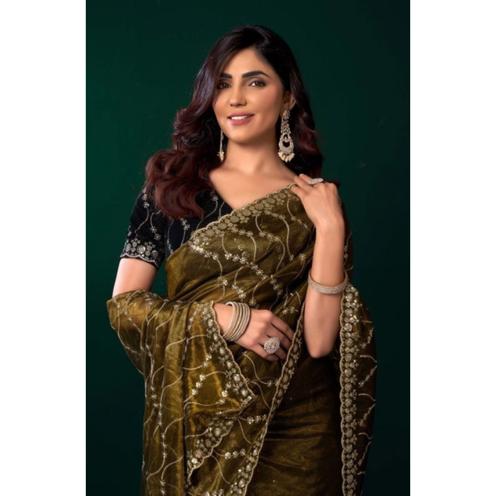 Generic Women’s Net Sequence Saree With Unstitched Blouse 5.5Mtr (Mahendi)