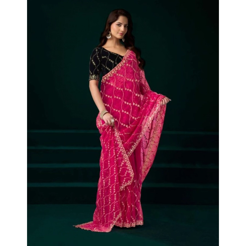 Generic Women's Net Sequence Saree With Unstitched Blouse 5.5Mtr (Pink) - Image 3
