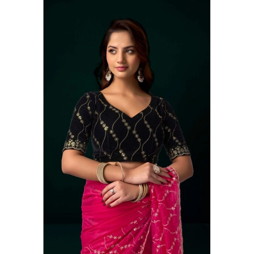 Generic Women’s Net Sequence Saree With Unstitched Blouse 5.5Mtr (Pink)