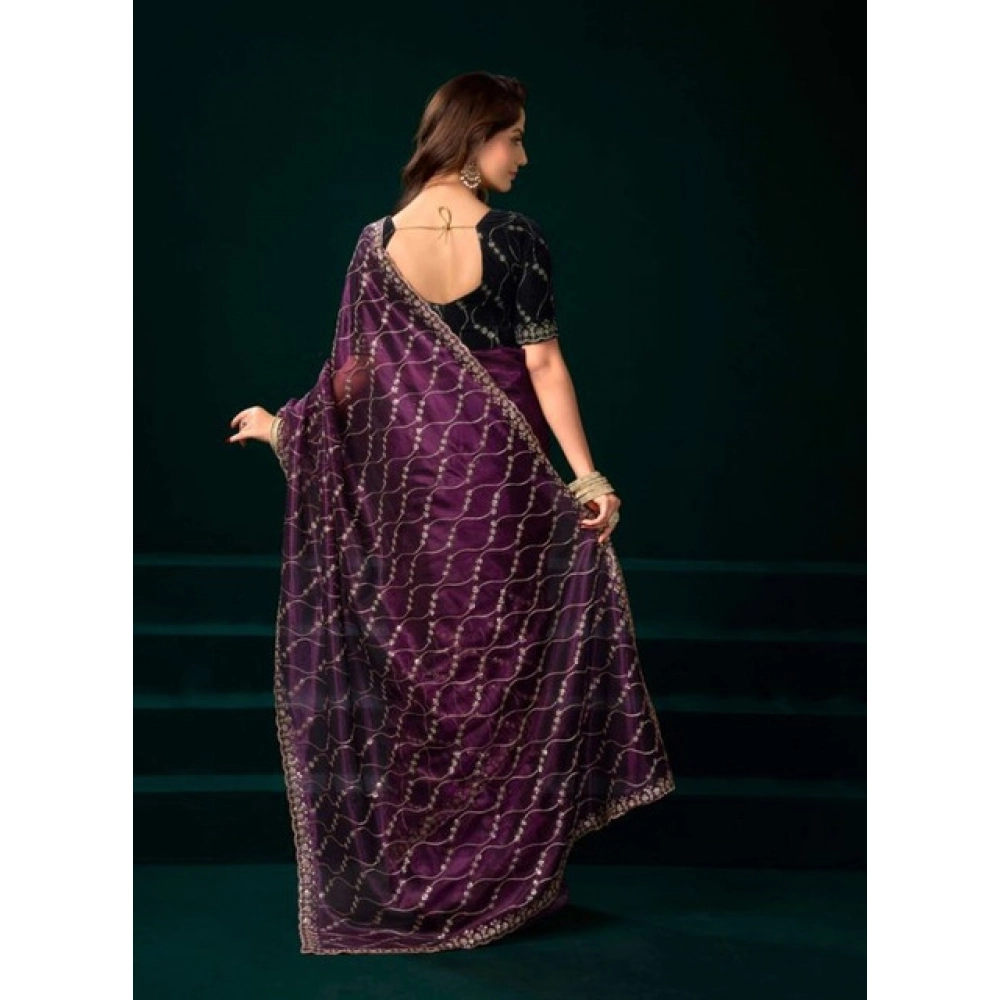 Generic Women's Net Sequence Saree With Unstitched Blouse 5.5Mtr (Purple) - Image 4
