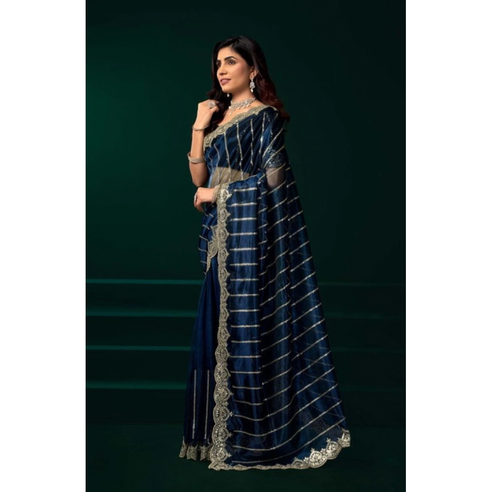 Generic Women's Net Sequence Saree With Unstitched Blouse 5.5Mtr (Blue) - Image 3