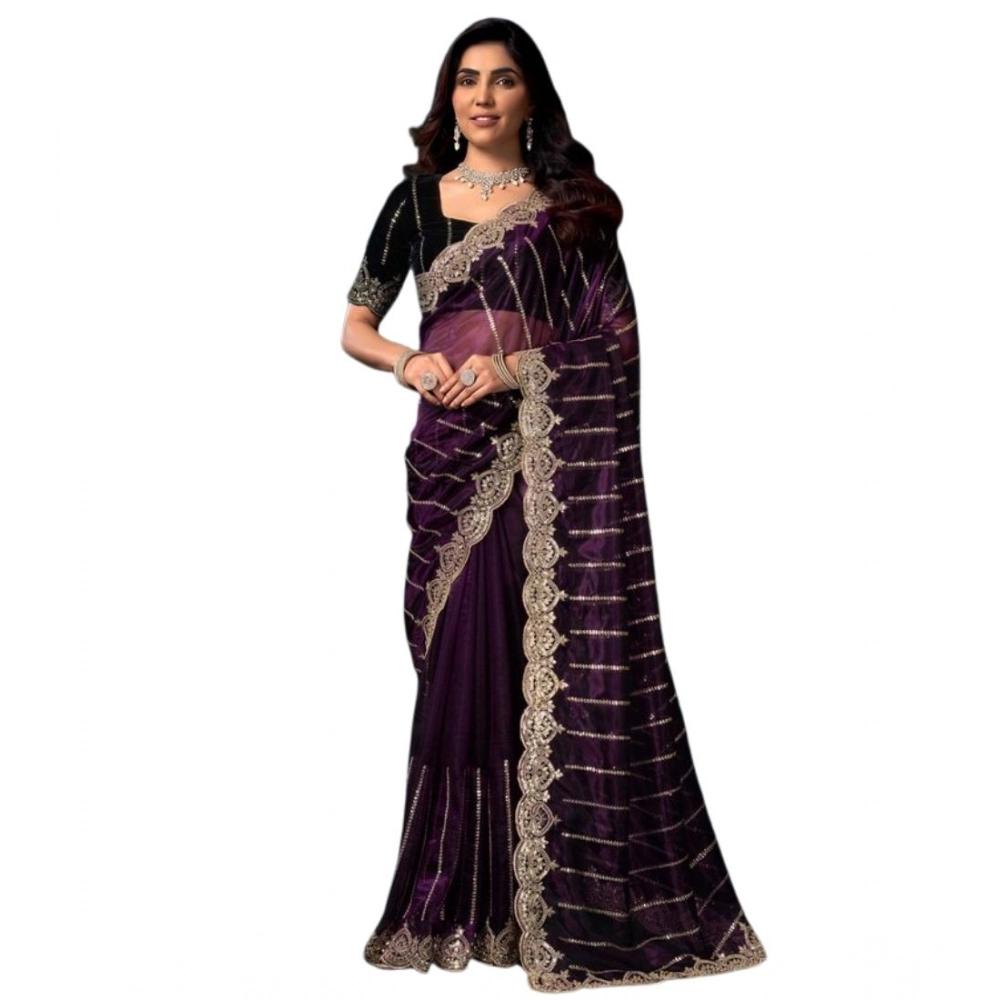 Generic Women's Net Sequence Saree With Unstitched Blouse 5.5Mtr (Wine) - Image 5