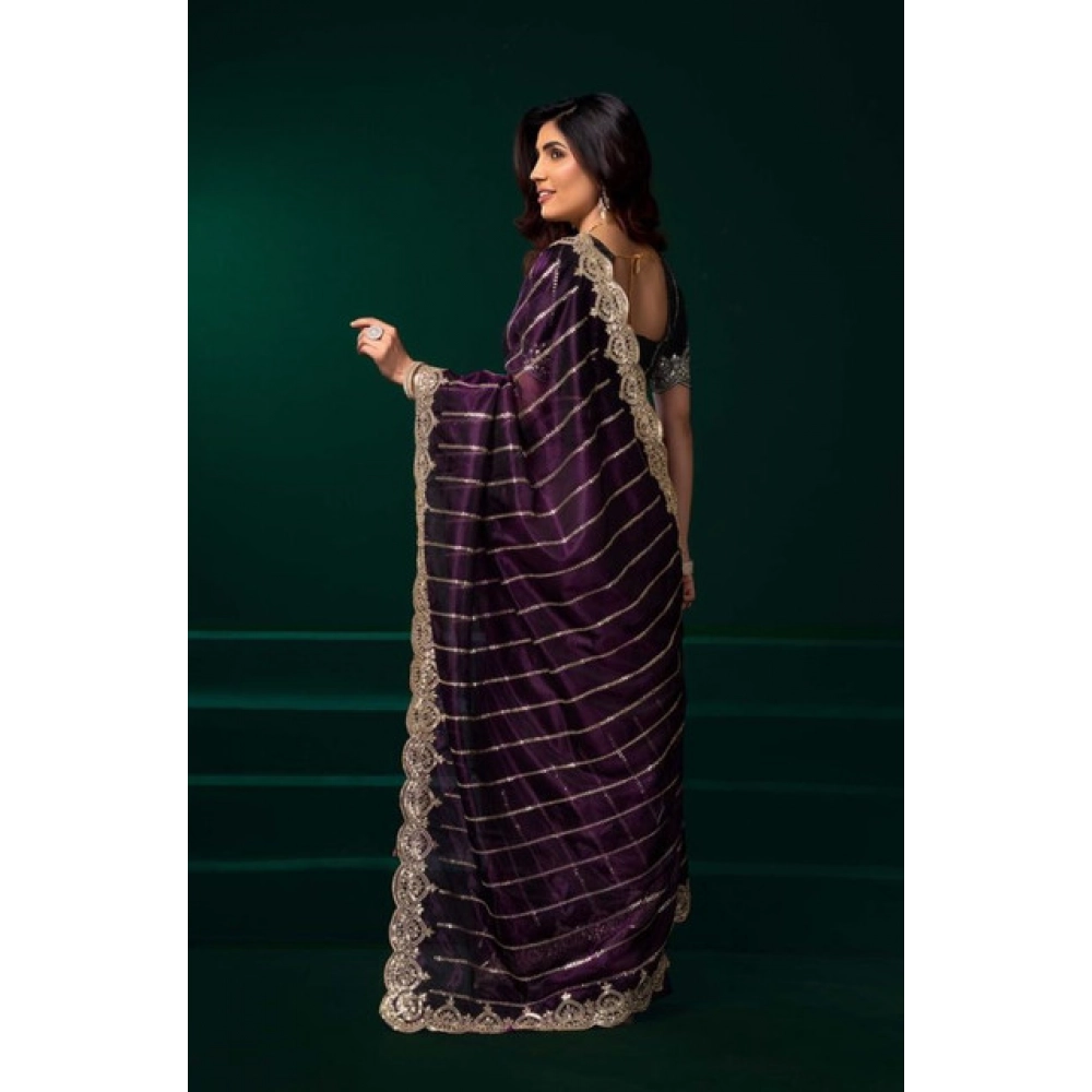Generic Women's Net Sequence Saree With Unstitched Blouse 5.5Mtr (Wine) - Image 4