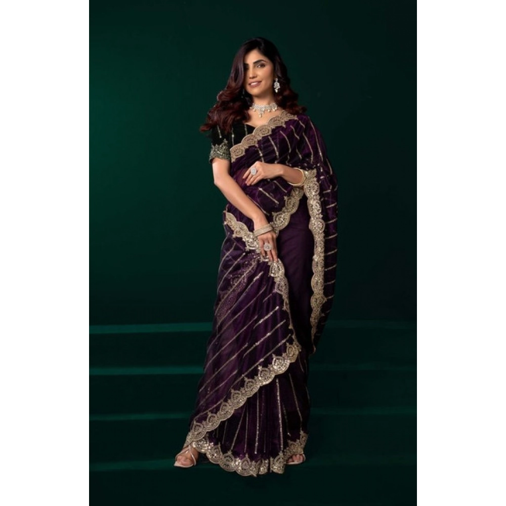 Generic Women's Net Sequence Saree With Unstitched Blouse 5.5Mtr (Wine) - Image 3