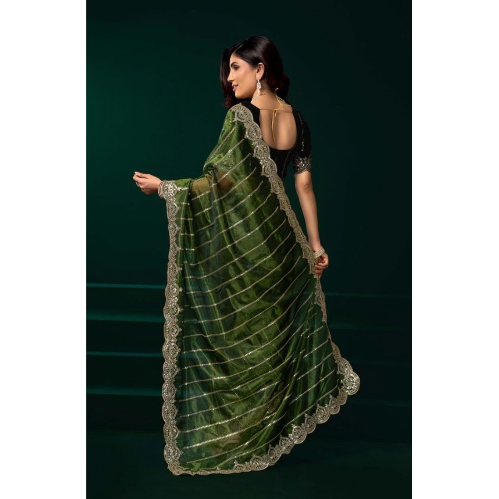 Generic Women's Net Sequence Saree With Unstitched Blouse 5.5Mtr (Green) - Image 4