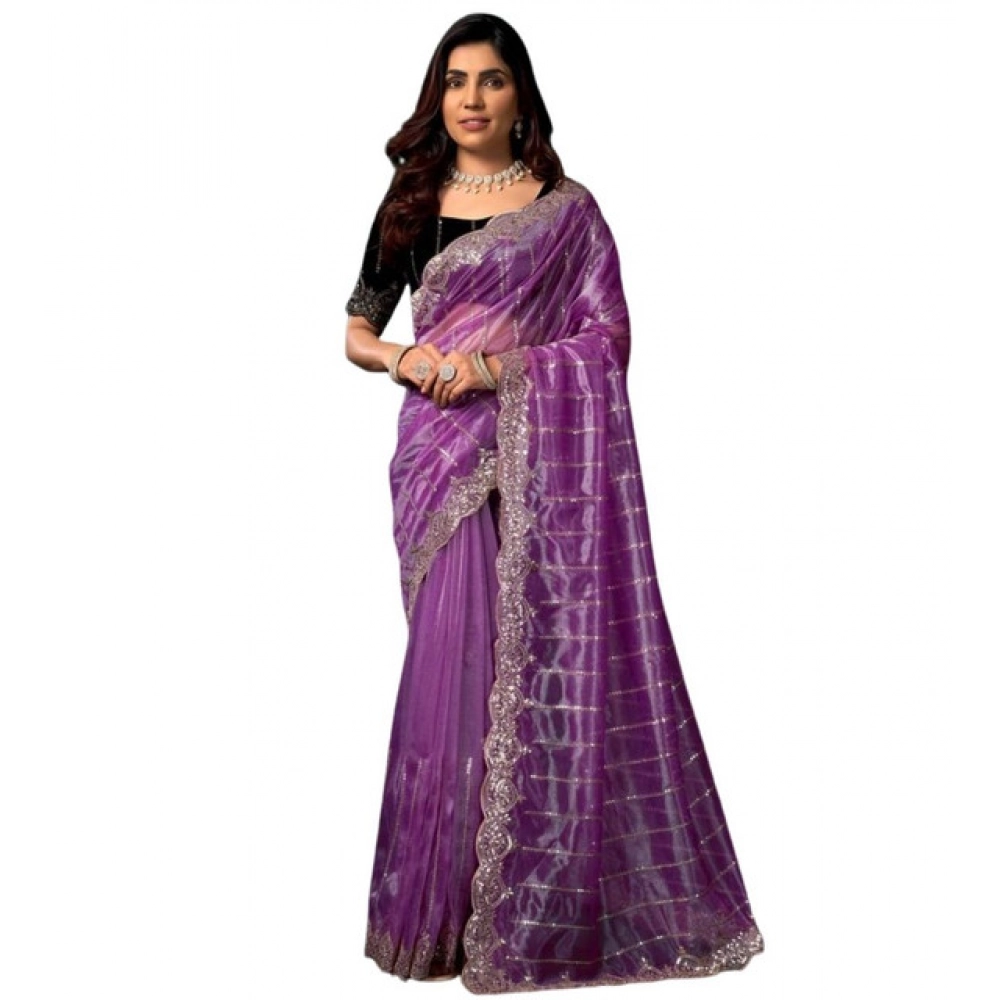 Generic Women's Net Sequence Saree With Unstitched Blouse 5.5Mtr (Lavender) - Image 4