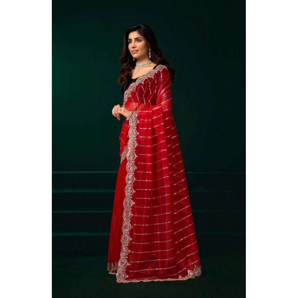 Generic Women's Net Sequence Saree With Unstitched Blouse 5.5Mtr (Red) - Image 3