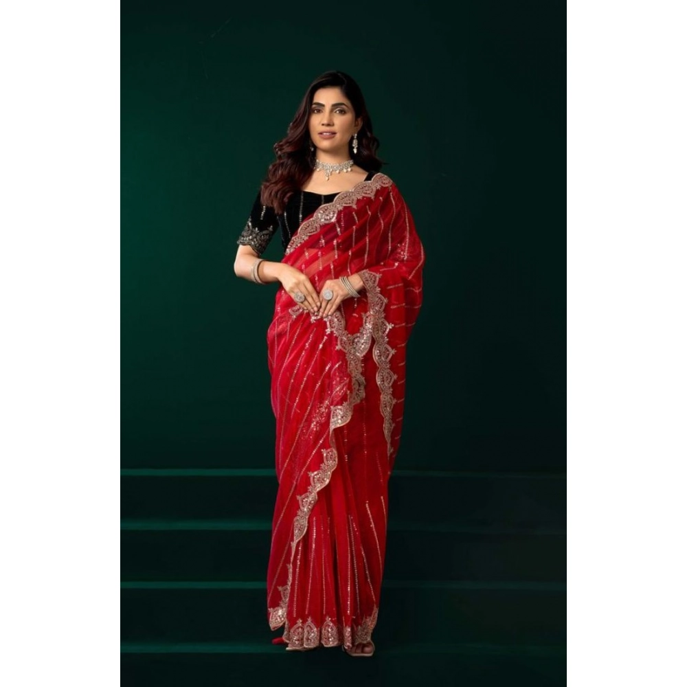 Generic Women’s Net Sequence Saree With Unstitched Blouse 5.5Mtr (Red)