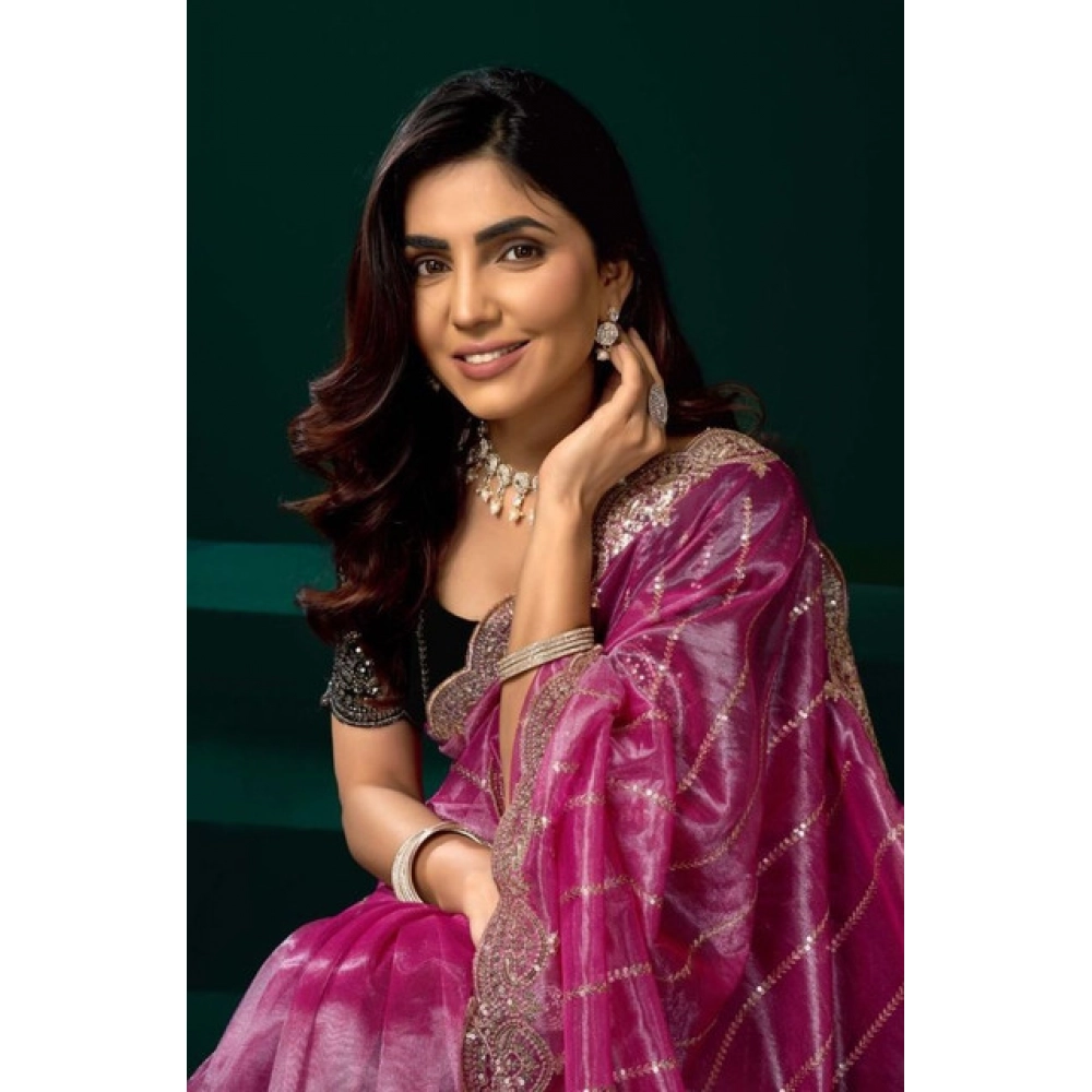 Generic Women’s Net Sequence Saree With Unstitched Blouse 5.5Mtr (Pink)