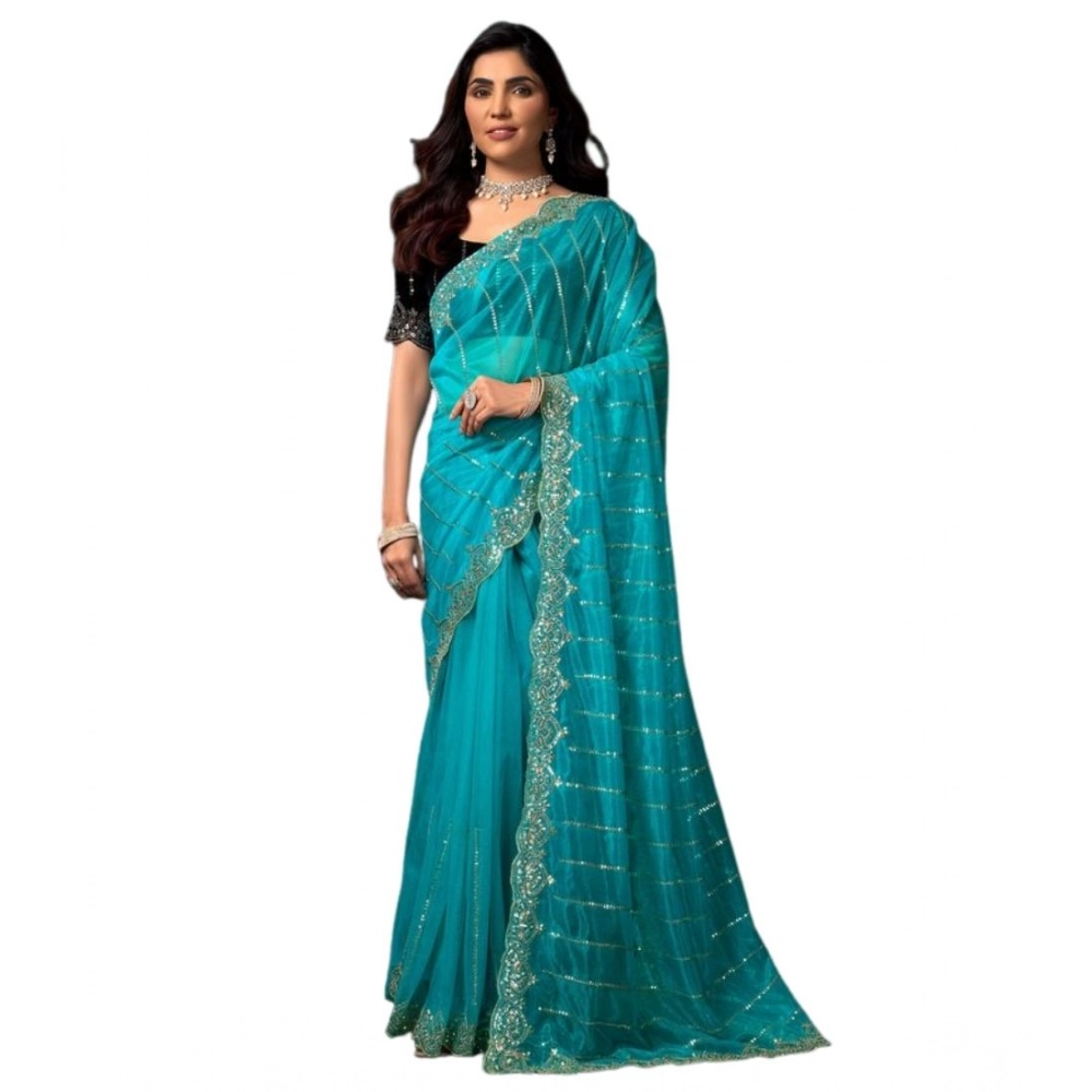 Generic Women's Net Sequence Saree With Unstitched Blouse 5.5Mtr (Turquoise) - Image 5