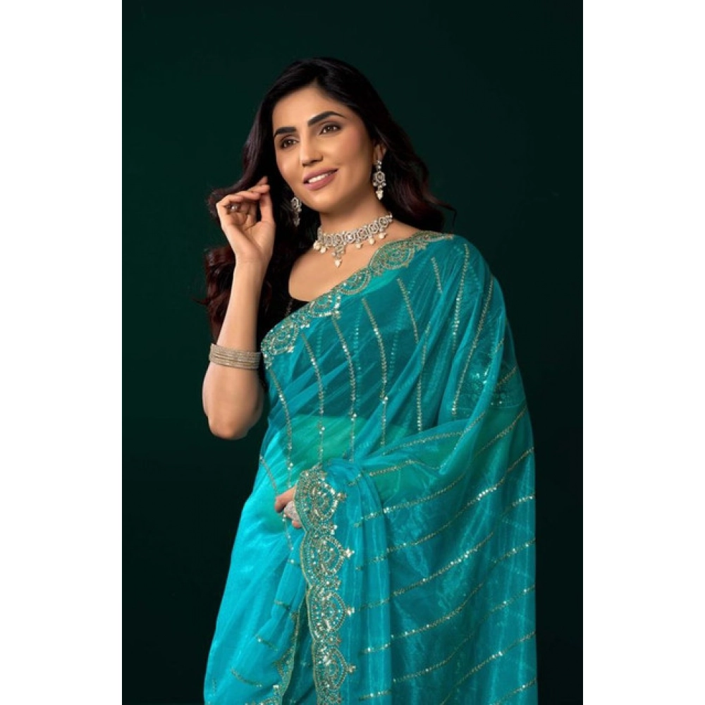 Generic Women’s Net Sequence Saree With Unstitched Blouse 5.5Mtr (Turquoise)