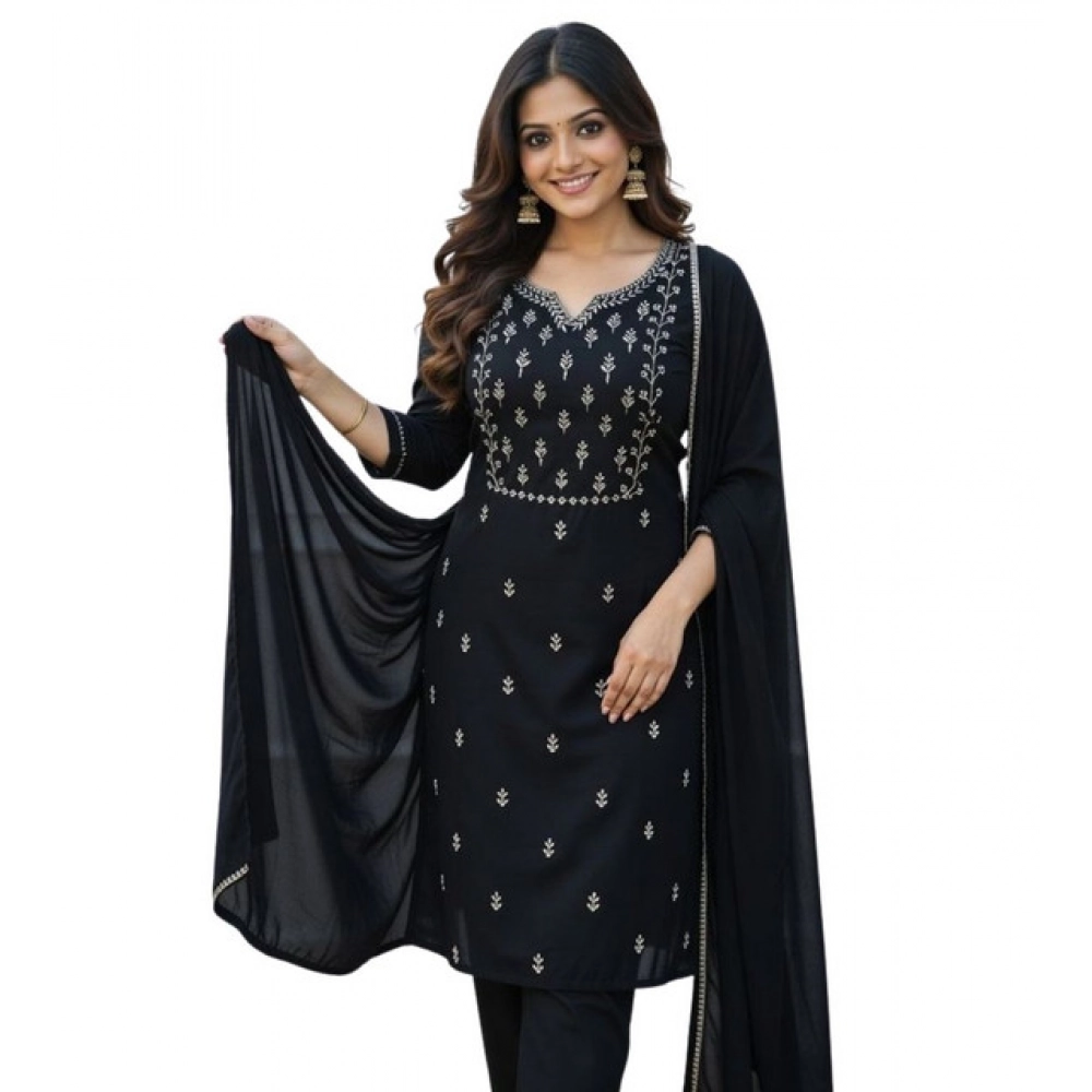 Generic Women's Georgette Ethnic Motif Round 3/4th Sleeve Kurti With Pant Dupatta Set (Black) - Image 5