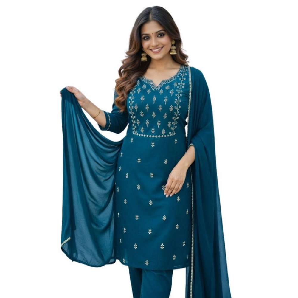 Generic Women's Georgette Ethnic Motif Round 3/4th Sleeve Kurti With Pant Dupatta Set (Teal) - Image 3