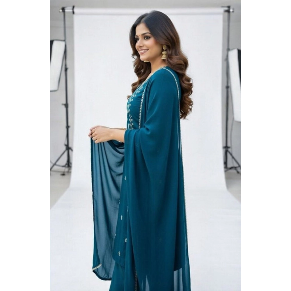 Generic Women's Georgette Ethnic Motif Round 3/4th Sleeve Kurti With Pant Dupatta Set (Teal) - Image 4