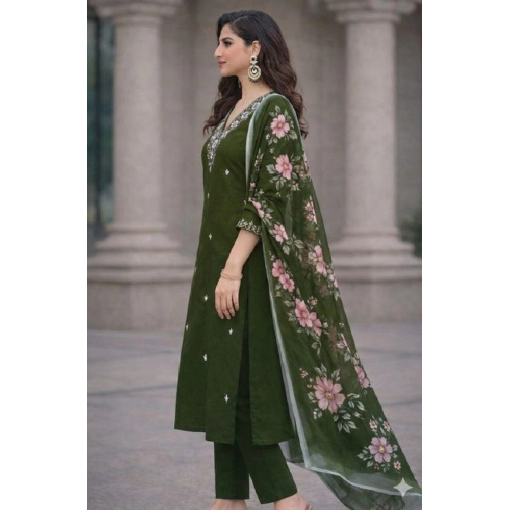 Generic Women's Chanderi Silk Ethnic Motif V-Neck 3/4th Sleeve Kurti With Pant Dupatta Set (Mahendi) - Image 4