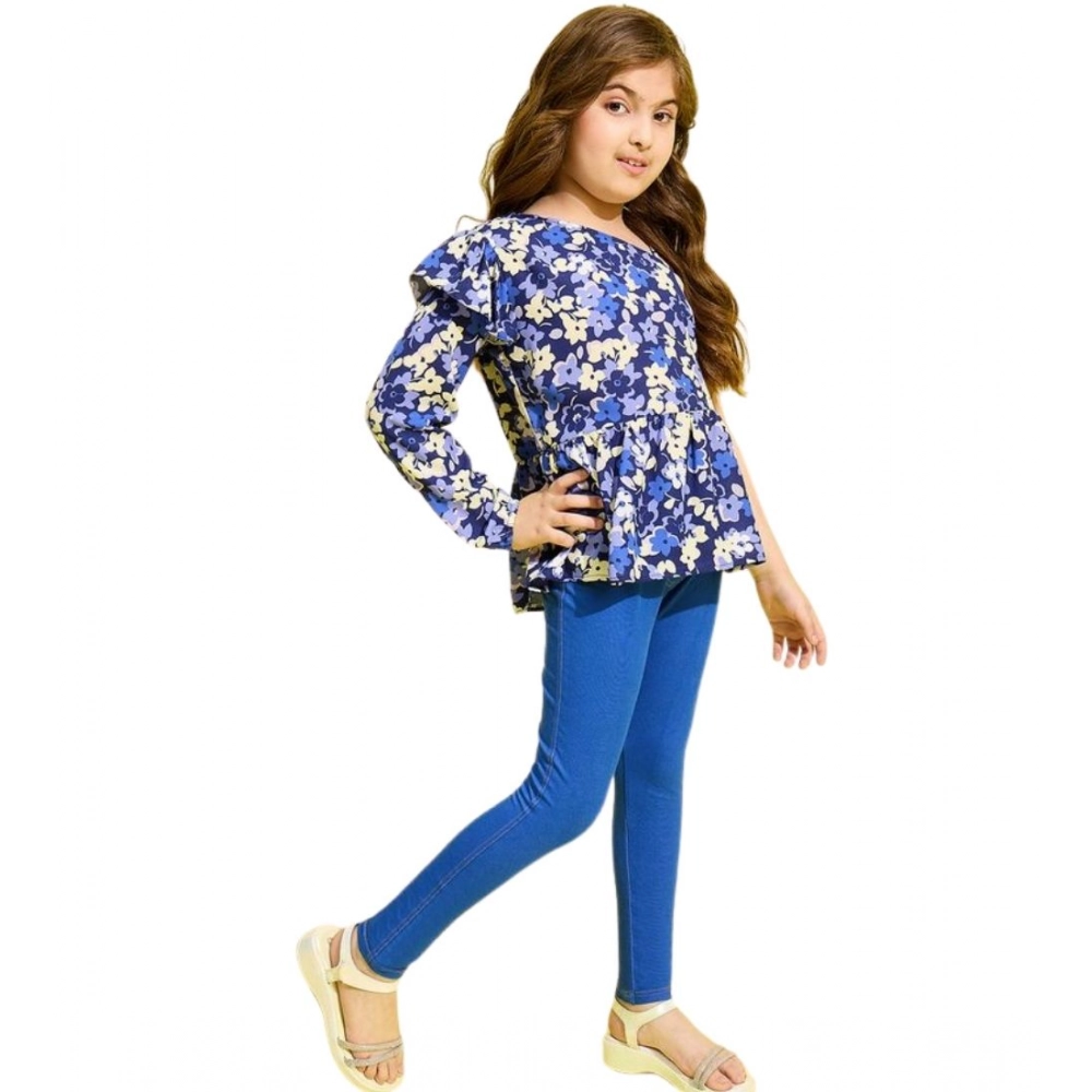 Generic Girl's Polyester Floral One Shoulder Jeggings Set (Blue) - Image 5