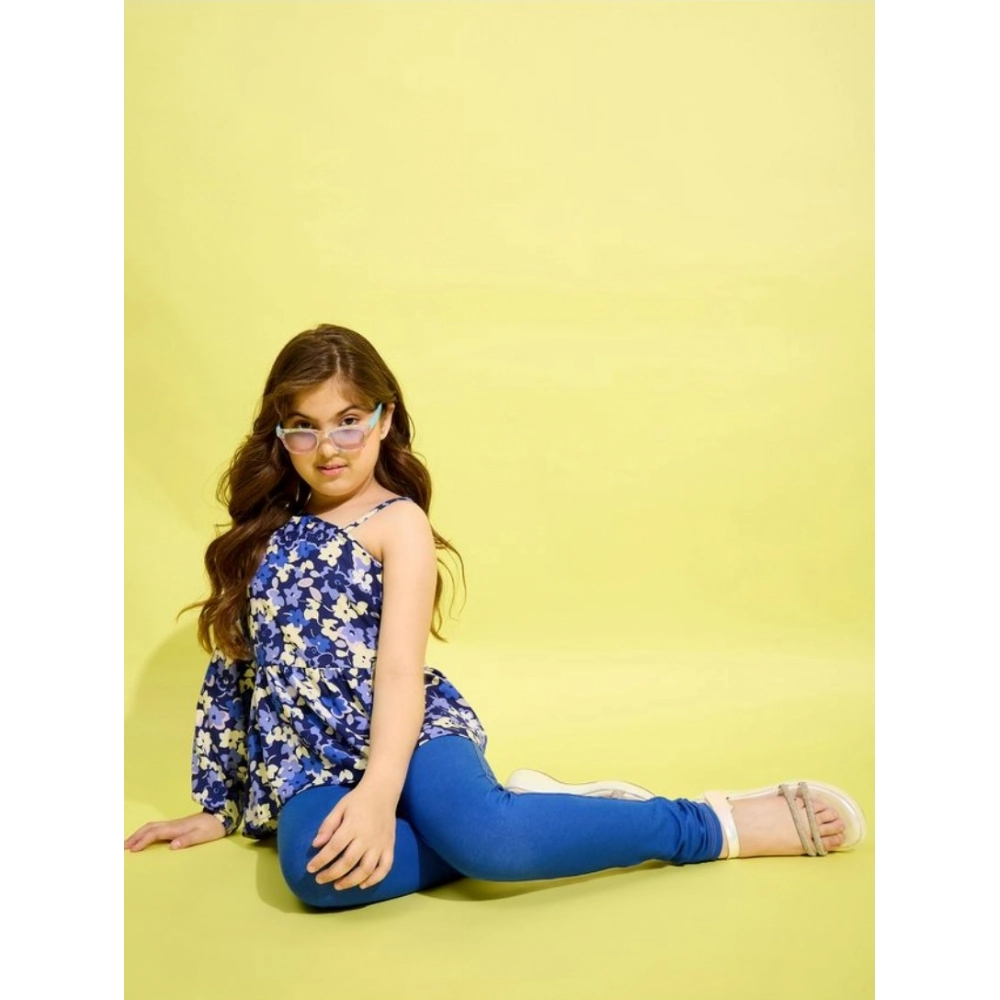 Generic Girl's Polyester Floral One Shoulder Jeggings Set (Blue) - Image 4