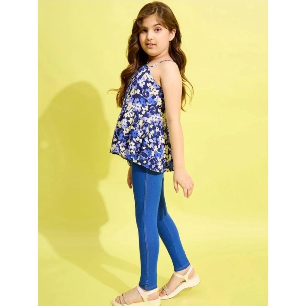 Generic Girl's Polyester Floral One Shoulder Jeggings Set (Blue) - Image 3