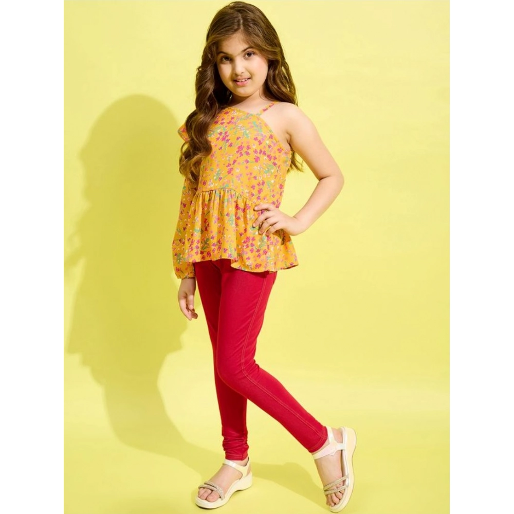 Generic Girl’s Polyester Floral One Shoulder Jeggings Set (Yellow-Red)