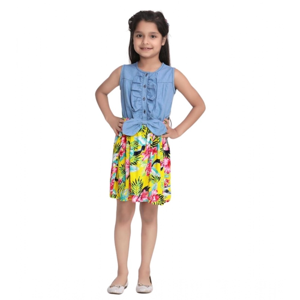 Generic Girl's Denim Floral Sleeveless Dress (Blue-Yellow) - Image 5