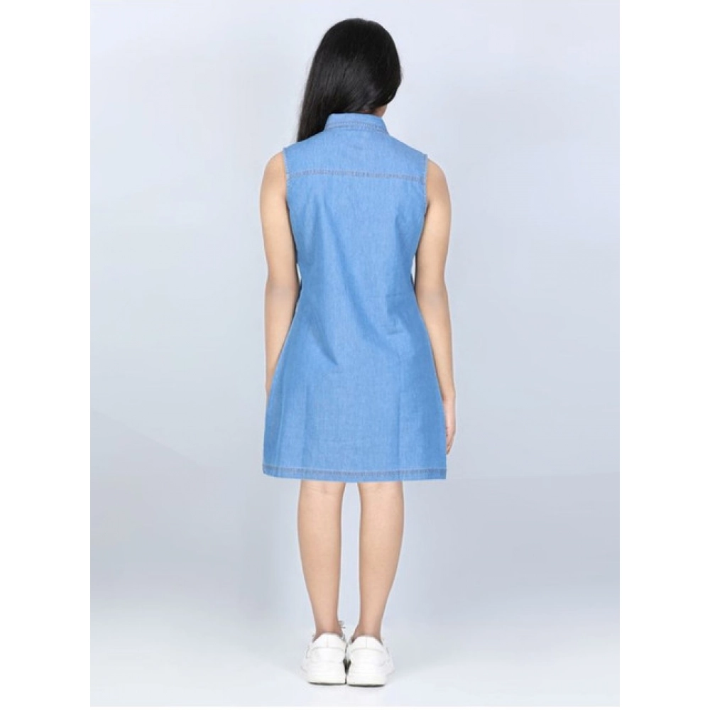 Generic Girl's Denim Solid Cold Shoulder Dress (Blue) - Image 4