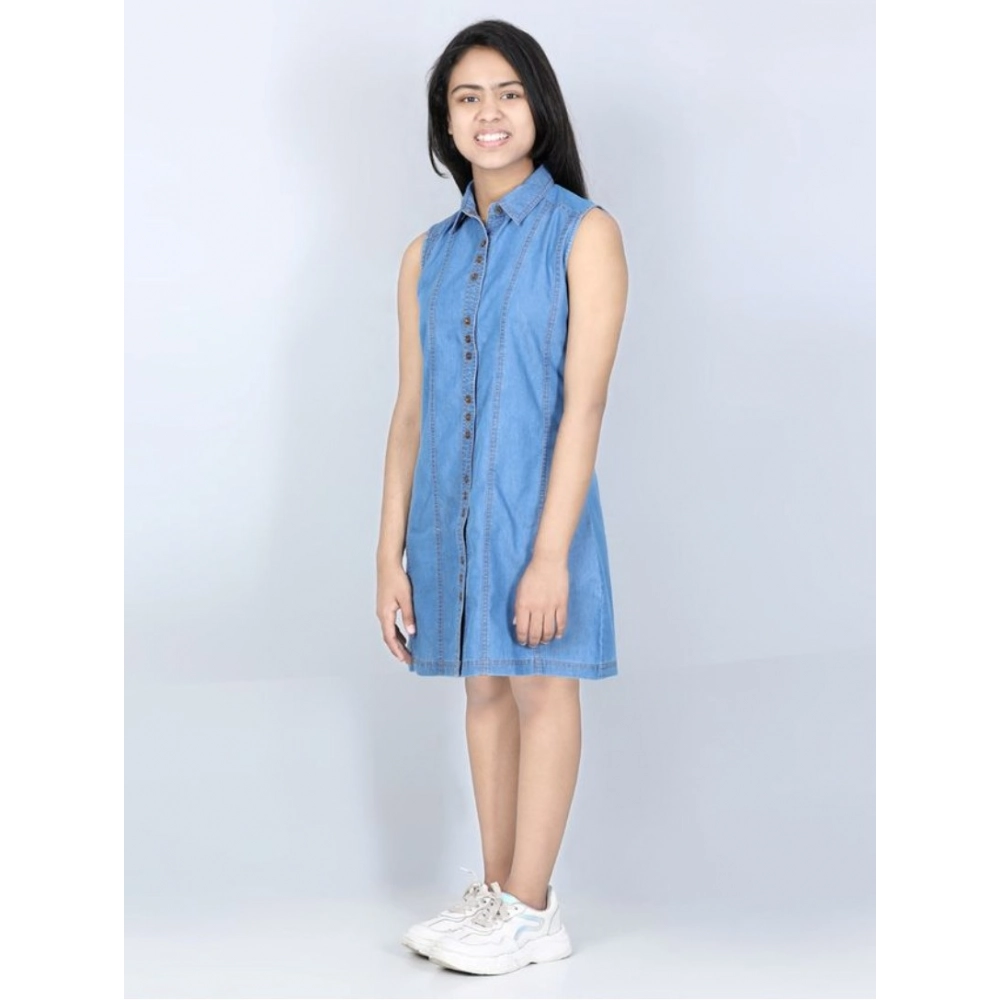 Generic Girl's Denim Solid Cold Shoulder Dress (Blue) - Image 3