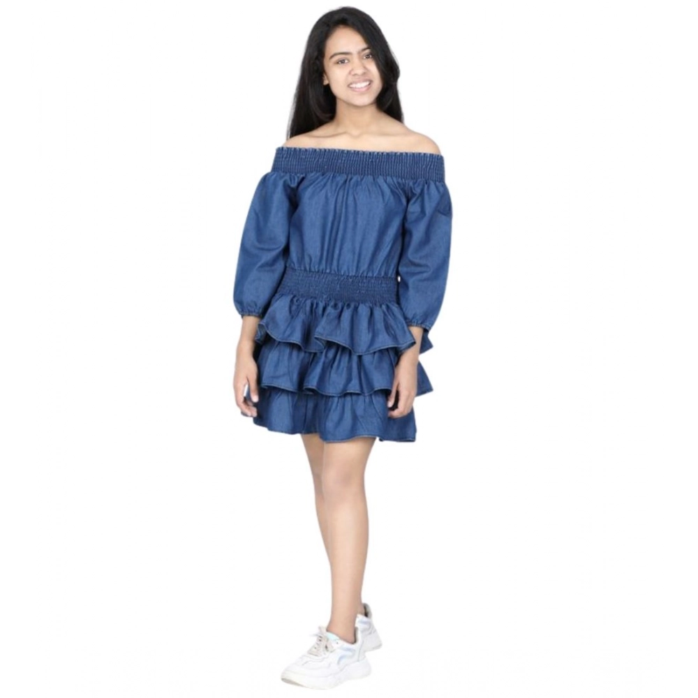 Generic Girl's Denim Solid Off Shoulder Dress (Blue) - Image 5