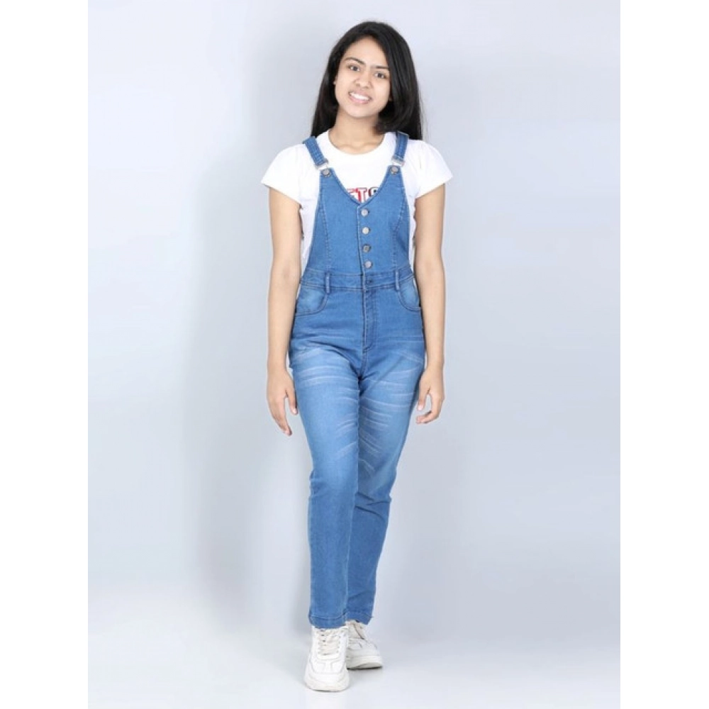 Generic Girl’s Denim Solid Buttoned Dungaree (Blue)