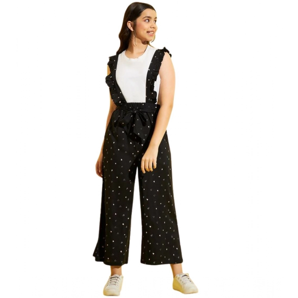 Generic Girl's Cotton Printed Sleeveless Dungaree (Black-White) - Image 5