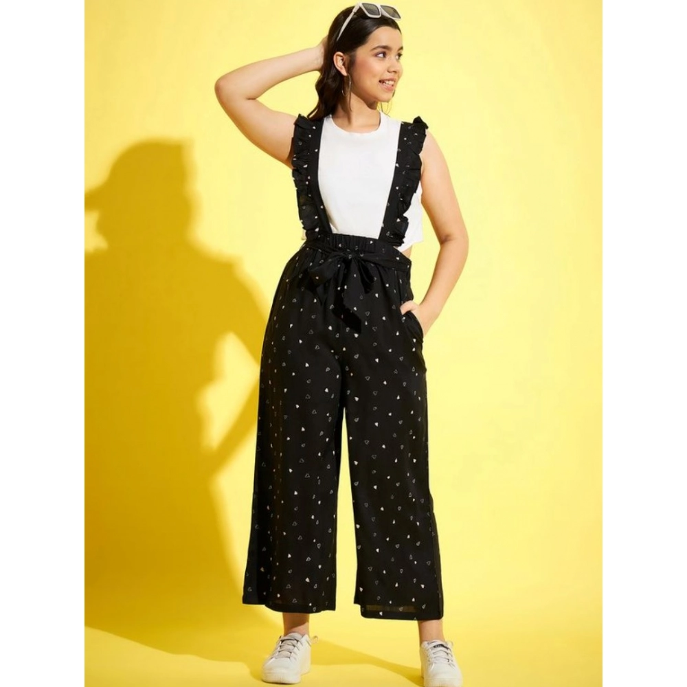 Generic Girl’s Cotton Printed Sleeveless Dungaree (Black-White)