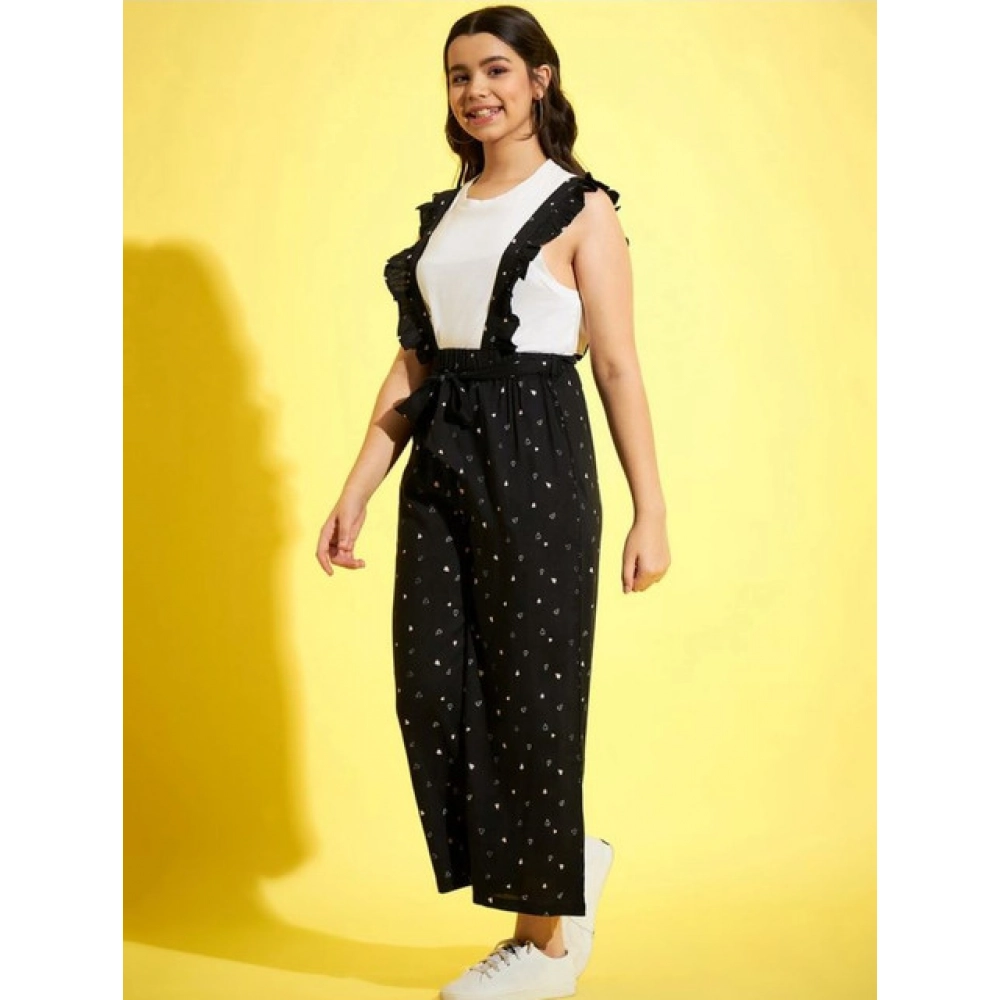 Generic Girl's Cotton Printed Sleeveless Dungaree (Black-White) - Image 4