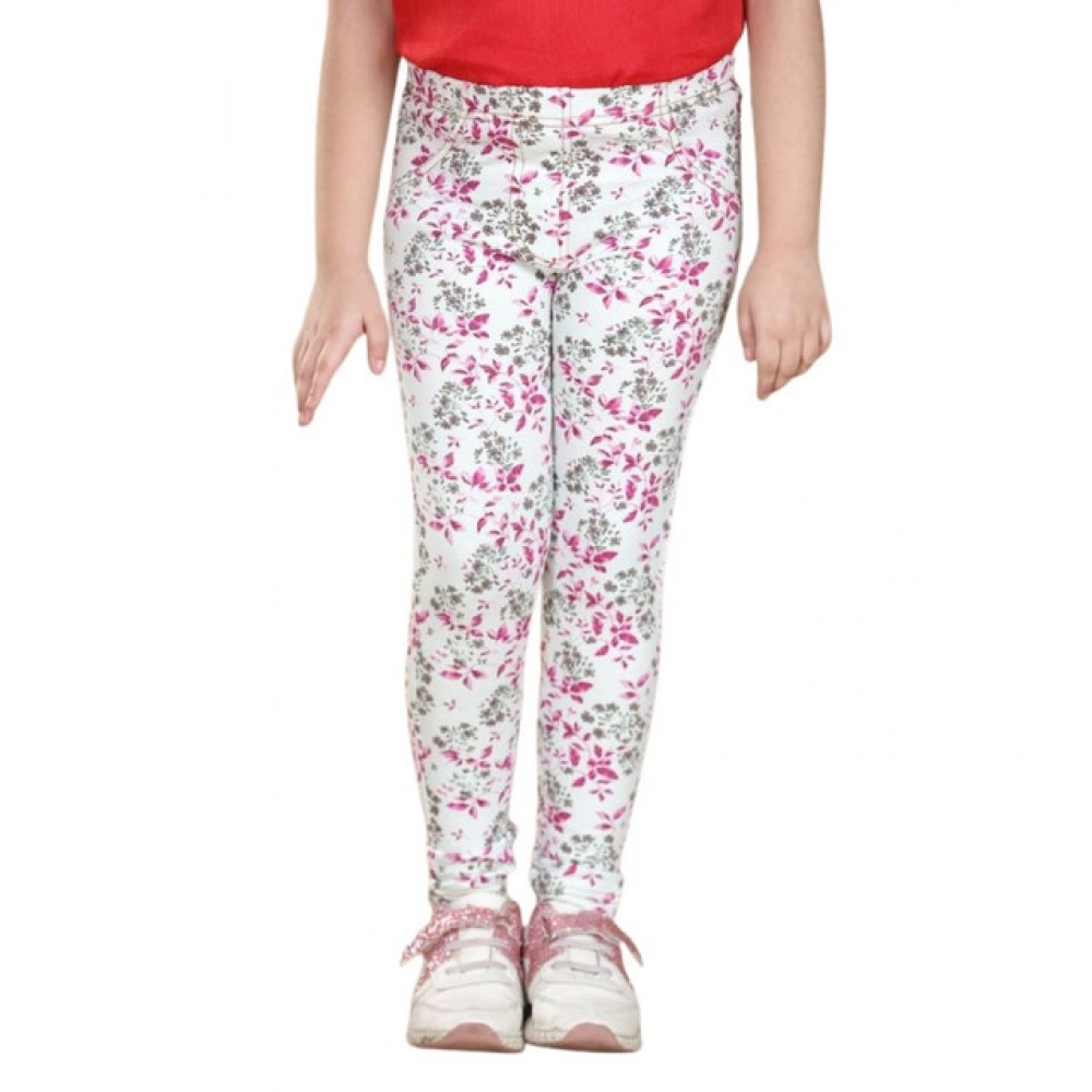 Generic Girl's Cotton Lycra Floral Elasticated Jeggings (White-Pink) - Image 5