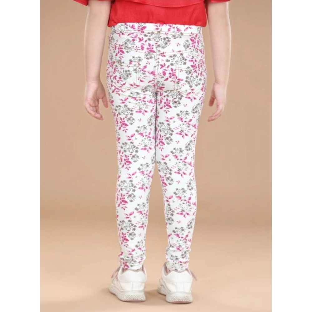 Generic Girl's Cotton Lycra Floral Elasticated Jeggings (White-Pink) - Image 3