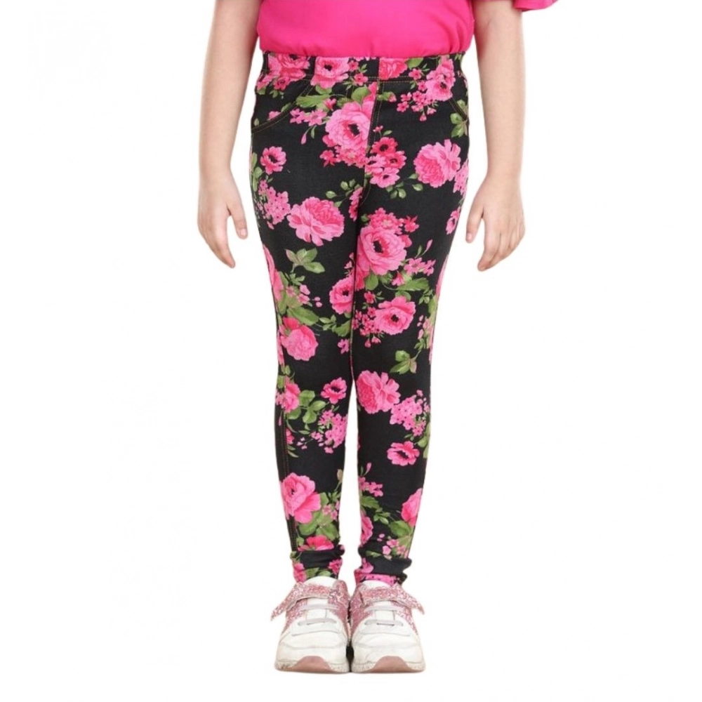 Generic Girl's Cotton Lycra Floral Elasticated Jeggings (Black-Pink) - Image 5