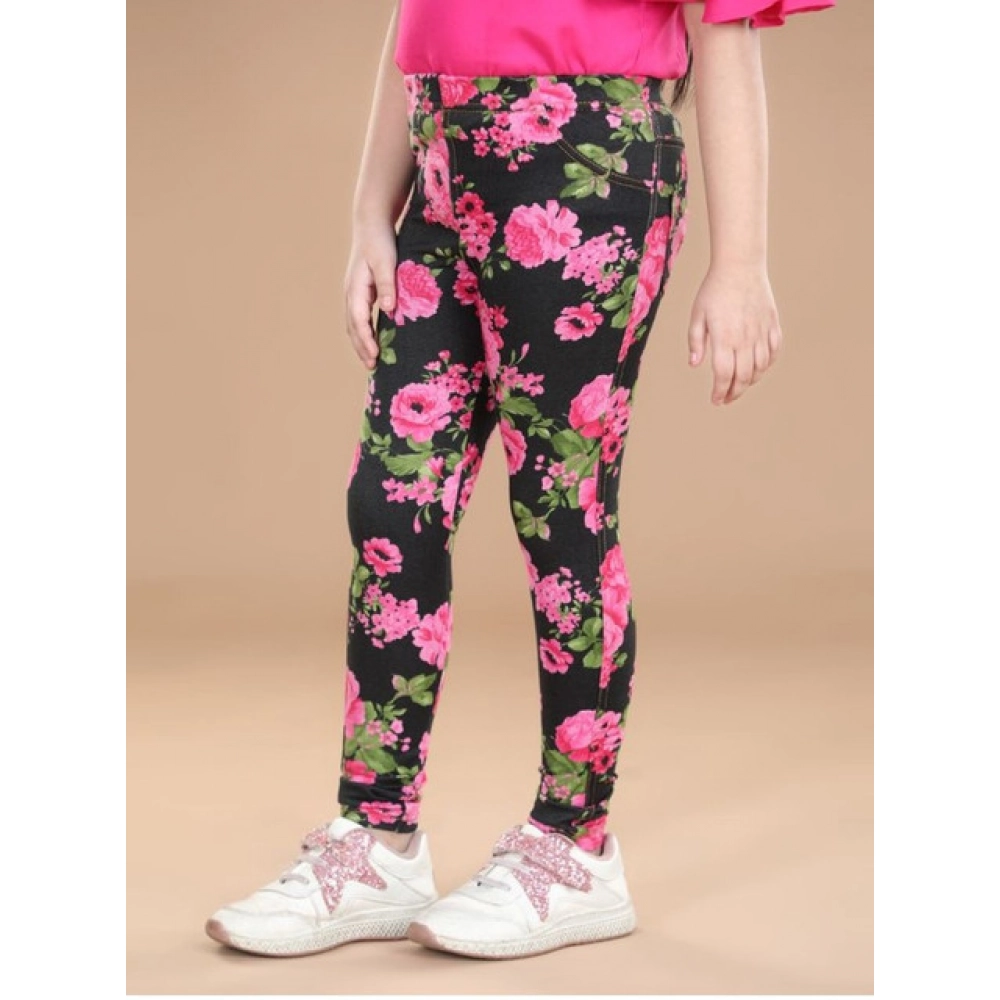 Generic Girl's Cotton Lycra Floral Elasticated Jeggings (Black-Pink) - Image 4