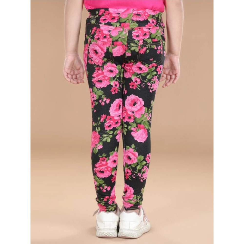 Generic Girl's Cotton Lycra Floral Elasticated Jeggings (Black-Pink) - Image 3