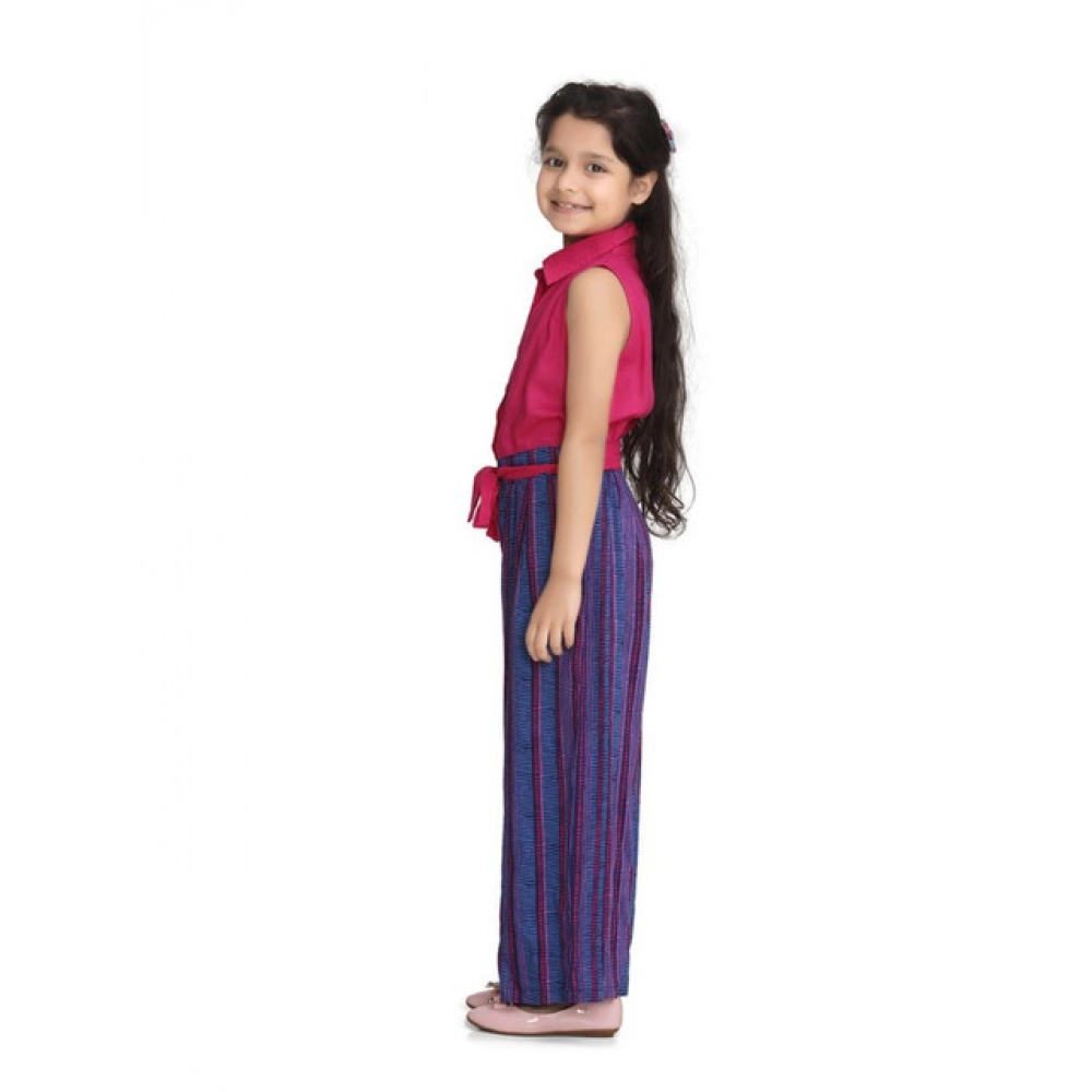 Generic Girl's Rayon Colour Block Sleeveless Jumpsuit (Pink-Blue) - Image 3